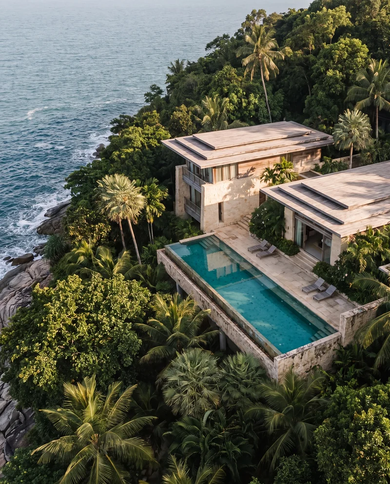 AI-generated concept of a coastal villa; not an available house